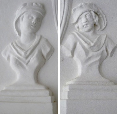 Newlyweds depicted in reliefs that adorn the fireplace in the main salon.