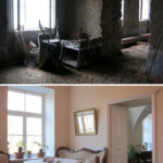 Main salon and dining room entrance, before and after