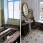 Yellow suite bathroom, before and after renovation